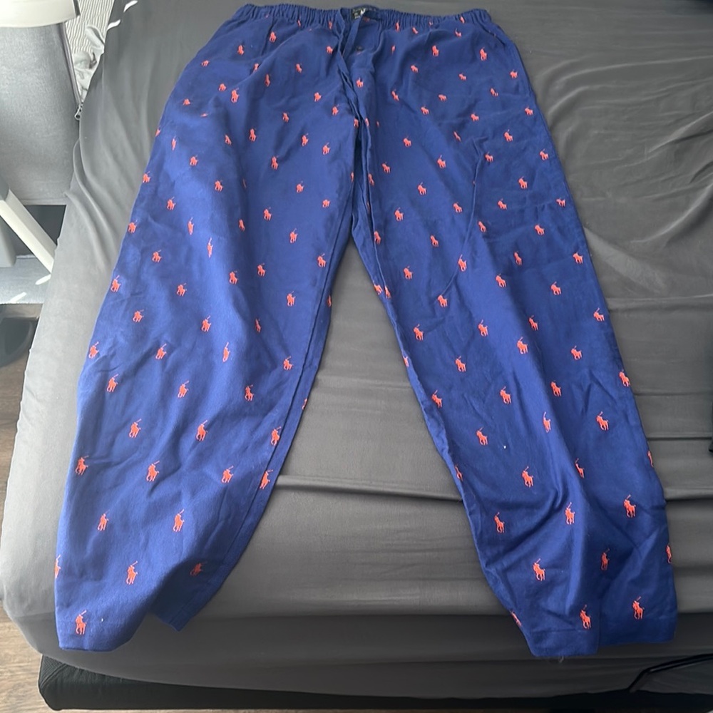 Blue Pajama Pants with Red Logo Pattern